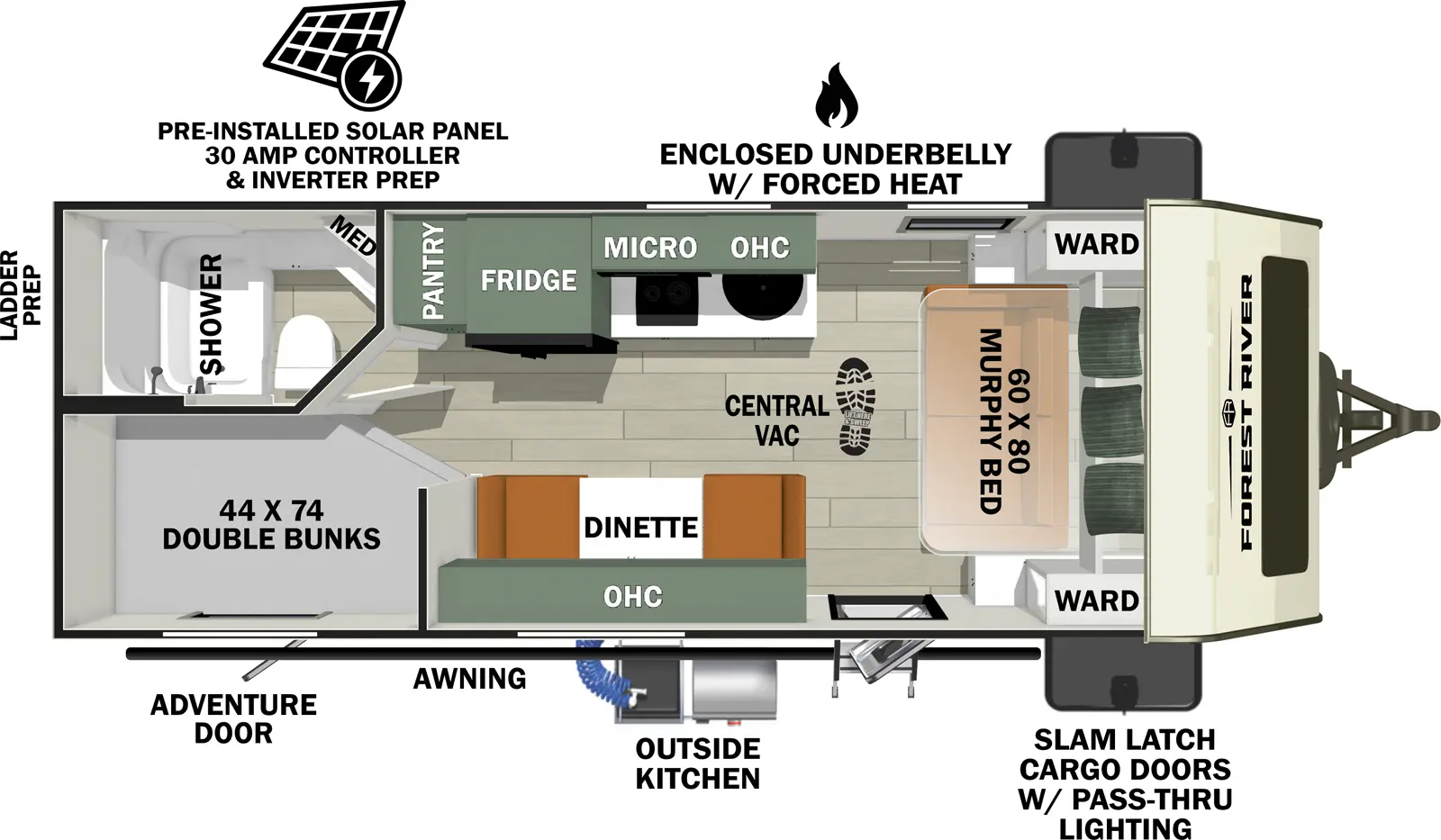 The No Boundaries NB19.3 floorplan has one entry and zero slide outs. Exterior features include: fiberglass exterior and 16' awning. Interiors features include: bunk beds and murphy bed.